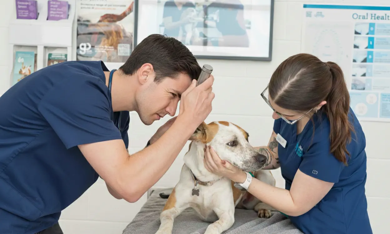 Ear consultation on a dog at a vet clinic